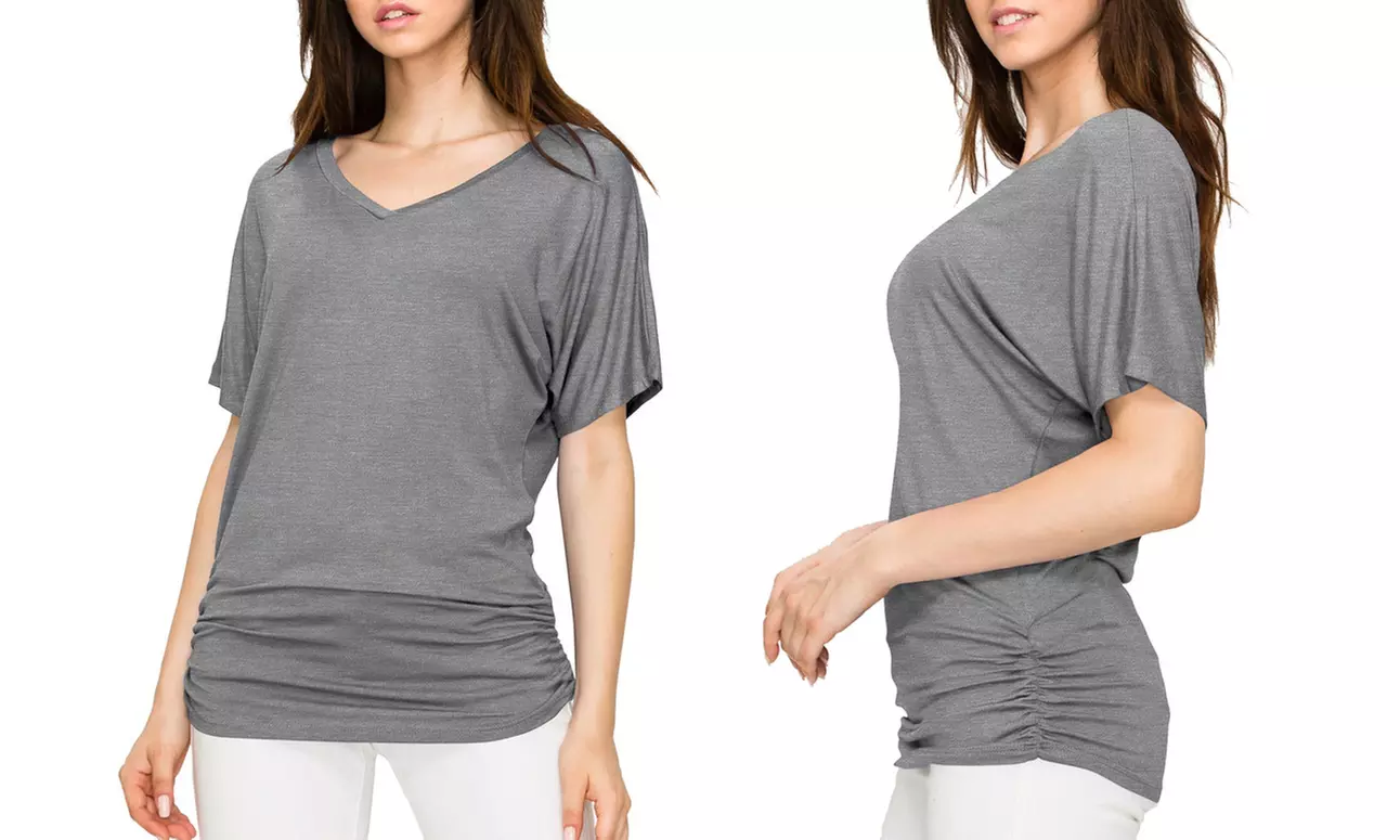 Made by Johnny Womens Solid Short Sleeve V-Neck Dolman Top with Side Shirring