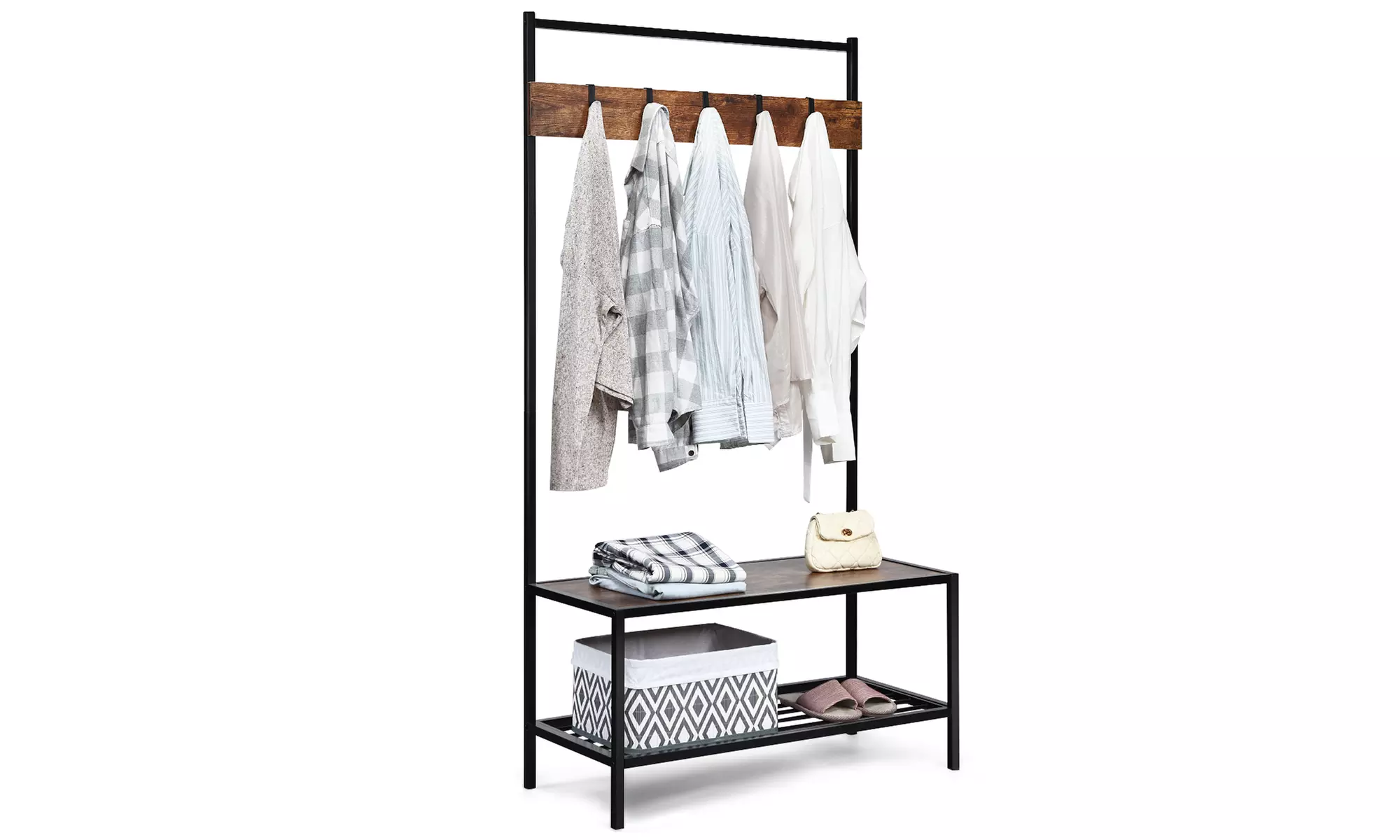 Costway 3 in 1 Industrial Coat Rack Shoe Bench Entryway Hall Tree Storage Shelf - Primary Image