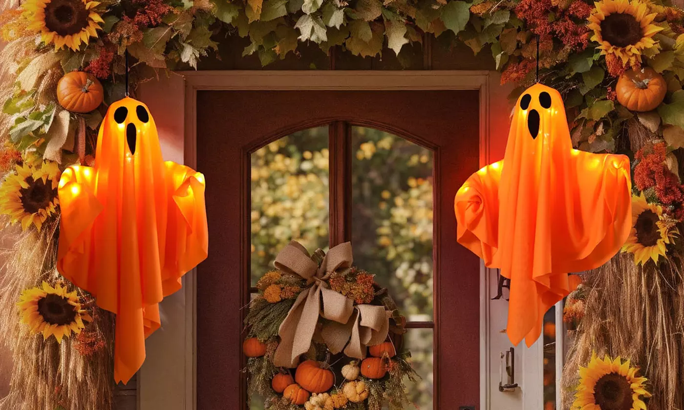 2Pcs Halloween LED Glowing Flying Ghosts, Cute Hanging Ghosts Indoor & Outdoor