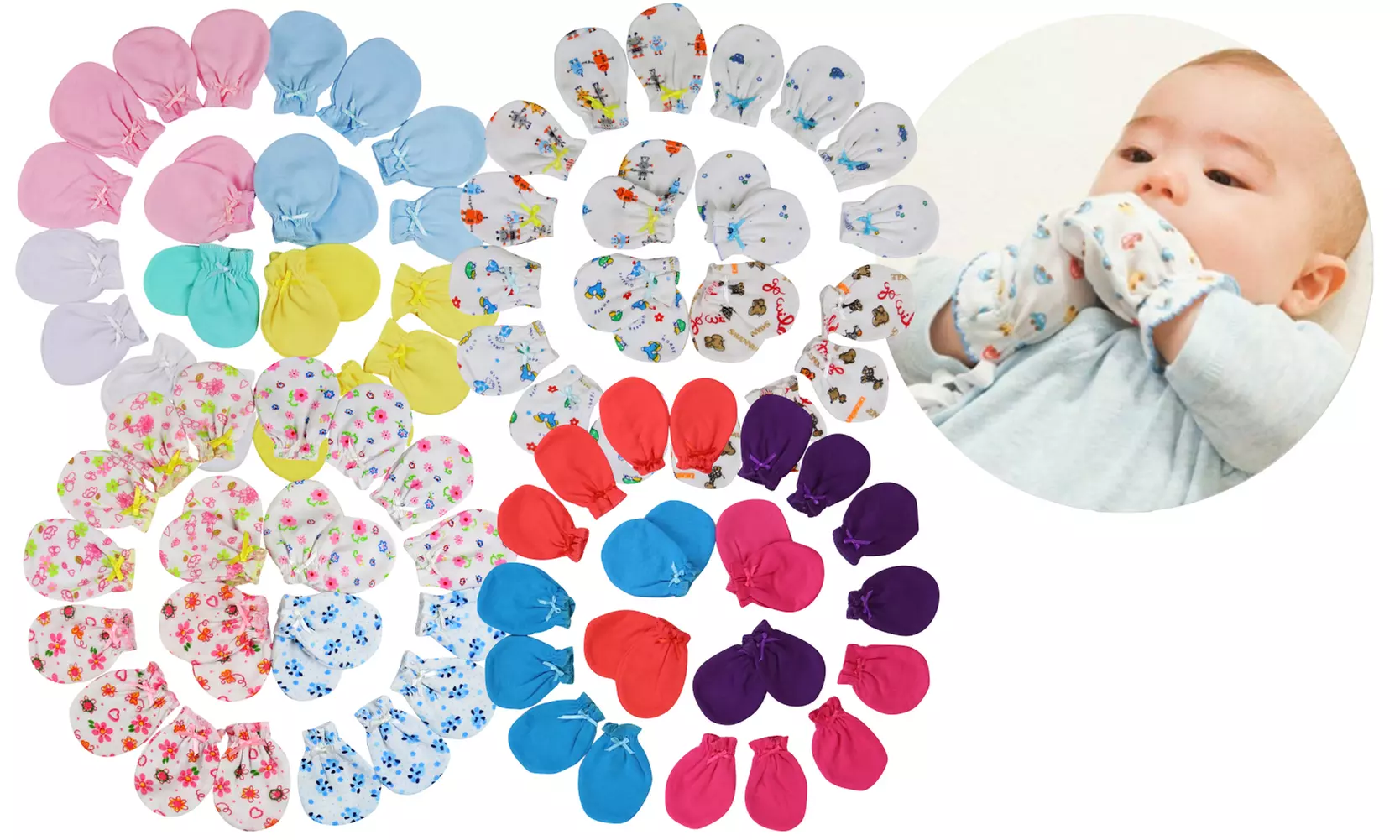 (12 Pair Pack) Newborn Baby No Scratch Mittens - Primary Image