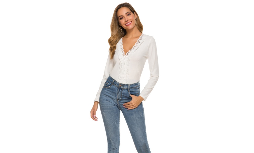 Image 4: 2020 Women Deep V Neck Henley Shirts Knit Long Sleeve Sweater Top Blouse Tee