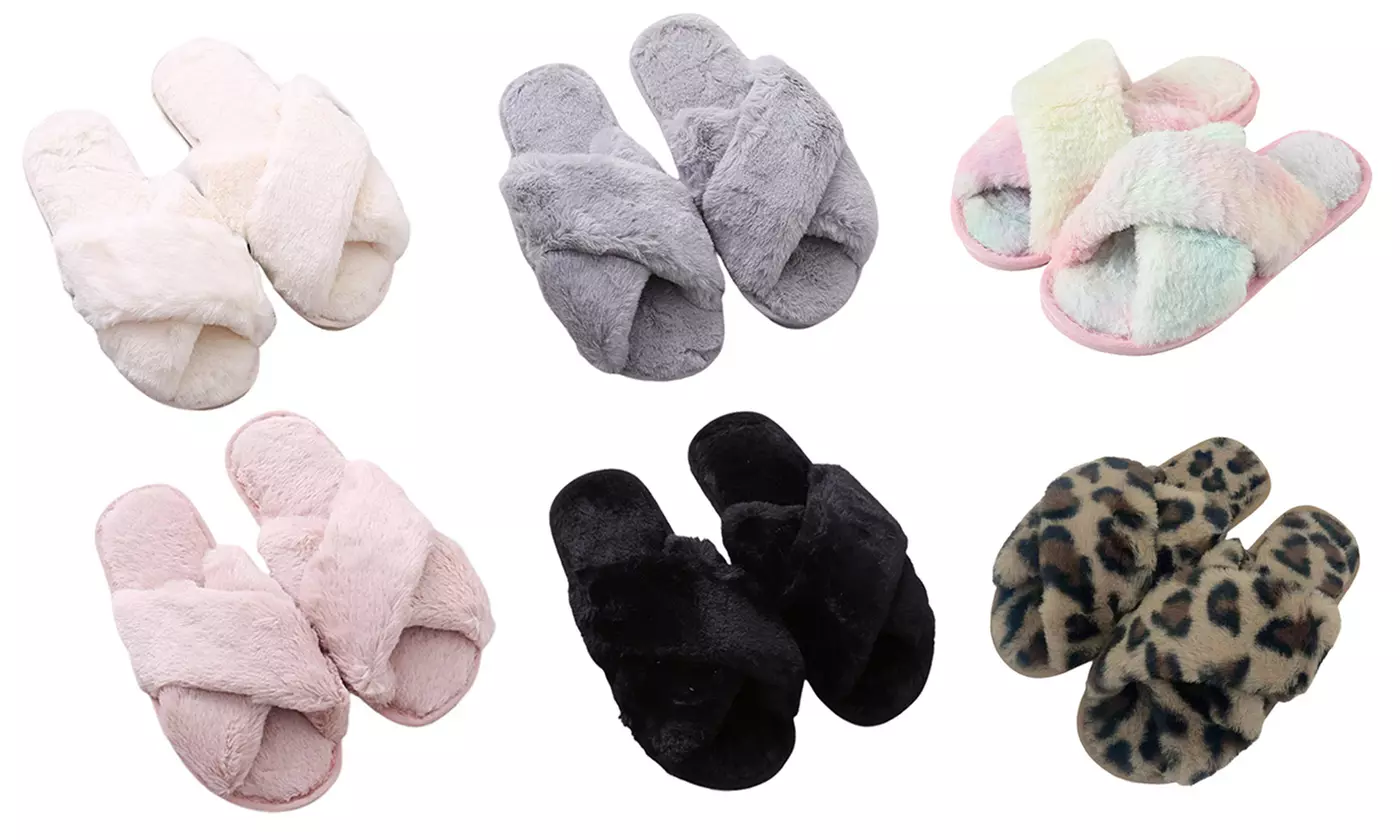Women's Cross Band Faux Fur Open Toe Slippers  - Primary Image
