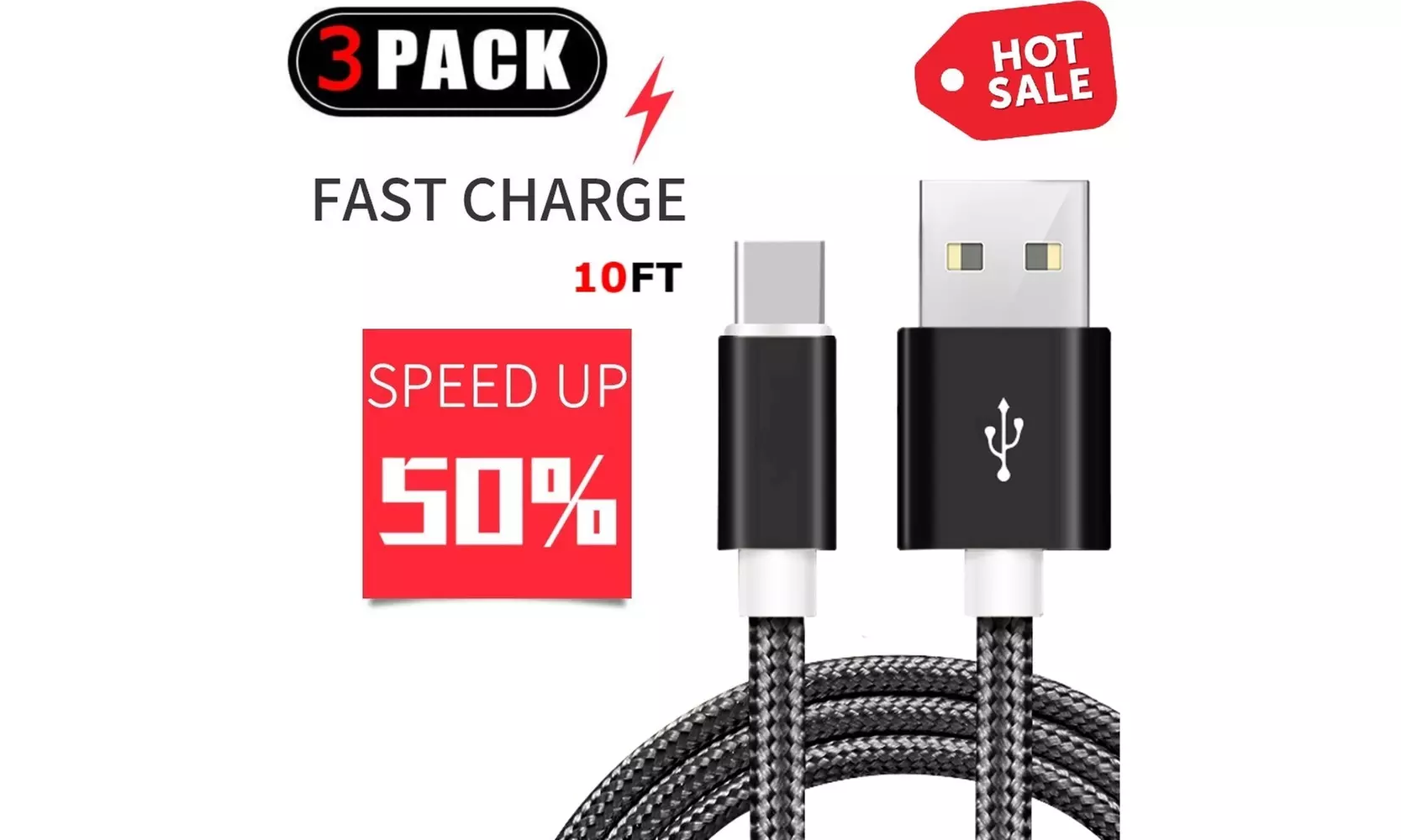 3 Pack 10 FT USB-C Cable Fast Charge Type C Charging Cord Sync Charger - Primary Image