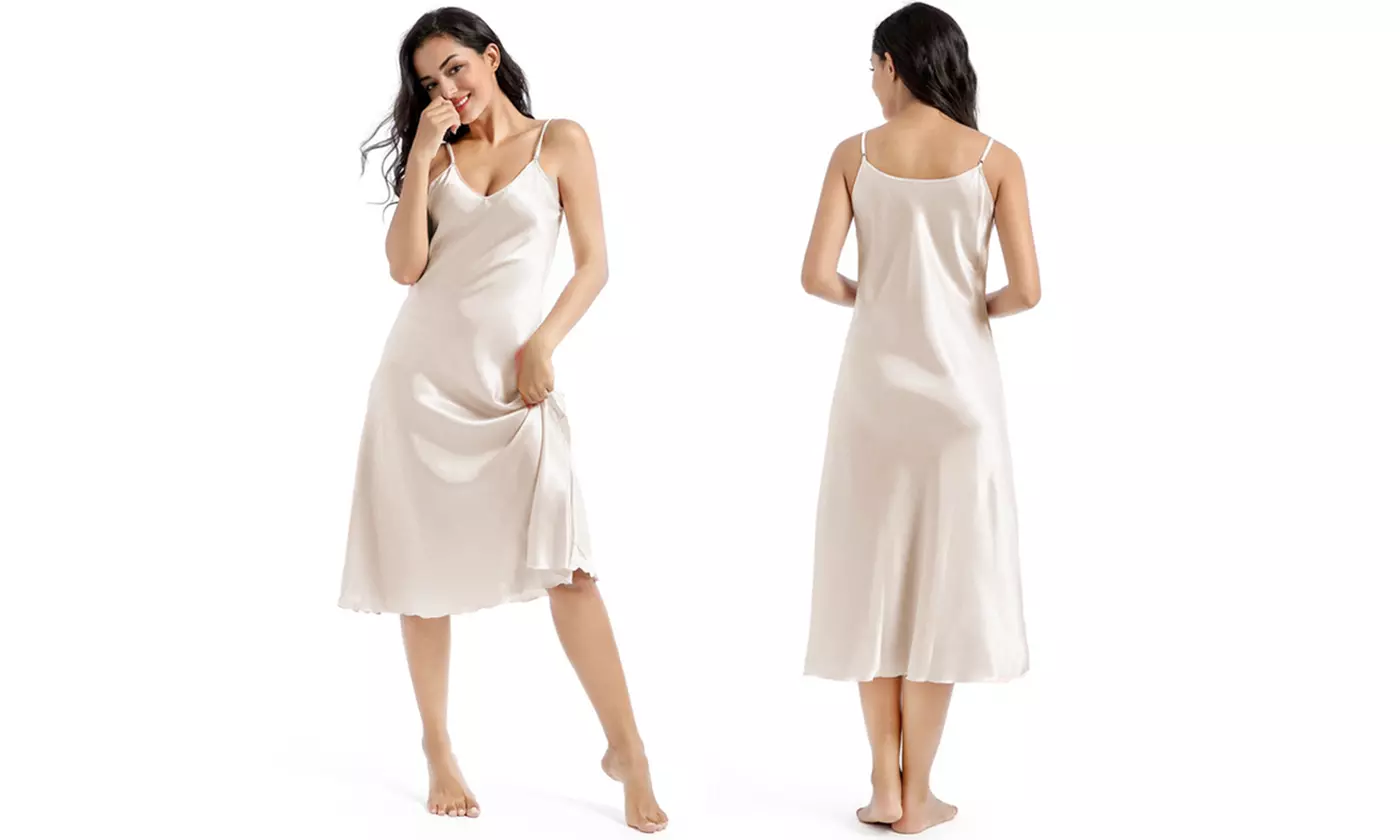 Womens Satin Nightgown Long Slip Sleep Dress Silk V Neck Nightgowns - Second Medium
