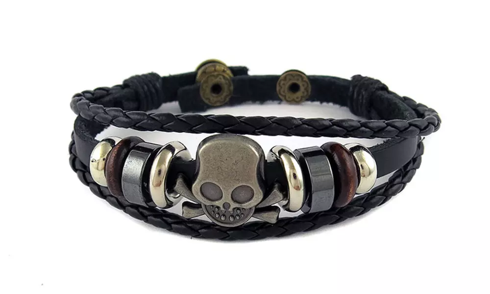 Mens Tri Row Genuine Leather Skull Bracelet - Primary Image