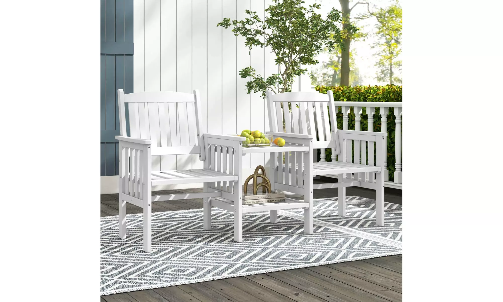 Costway Outdoor Fir Wood Loveseat with 2-Tier Side Table and 1.96" Umbrella Hole