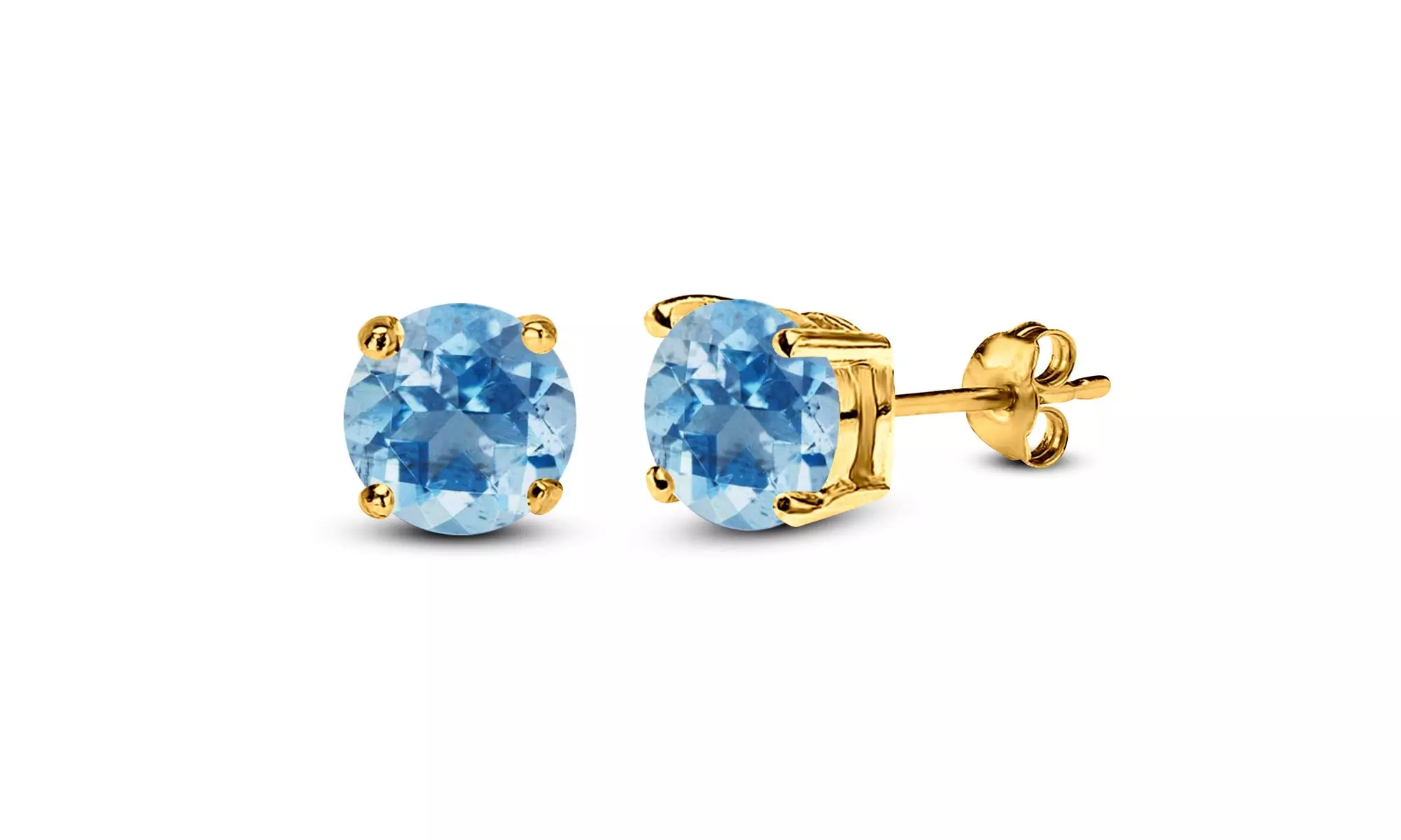 14k Yellow Gold plated Round Lab Created Blue Zircon Stud Earrings.  - Primary Image
