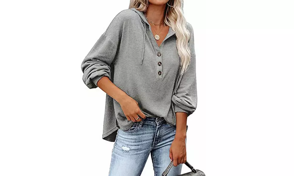Women Drawstring V Neck Long Sleeve Henley Shirts Button Hoodies Tunic Tops