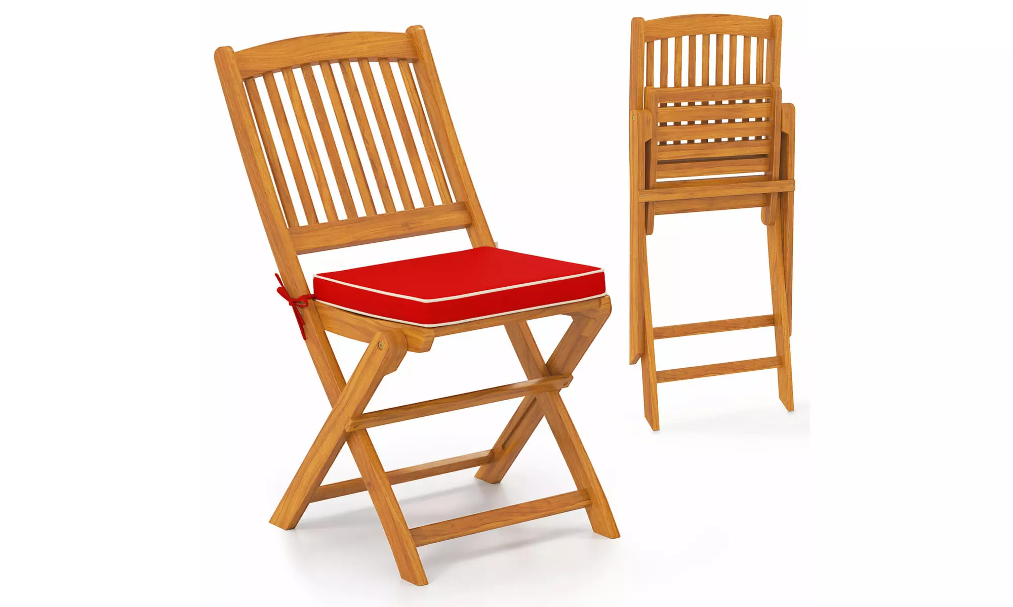 Costway Outdoor Folding Chairs Acacia Wood High-Back Chair with Seat Cushions