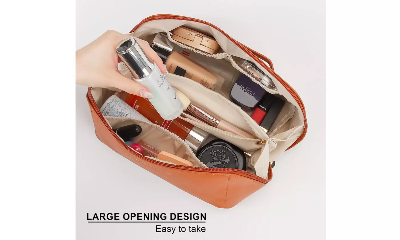 PU Leather Travel Wide-Open Toiletry Bag Makeup Large Capacity Organizer