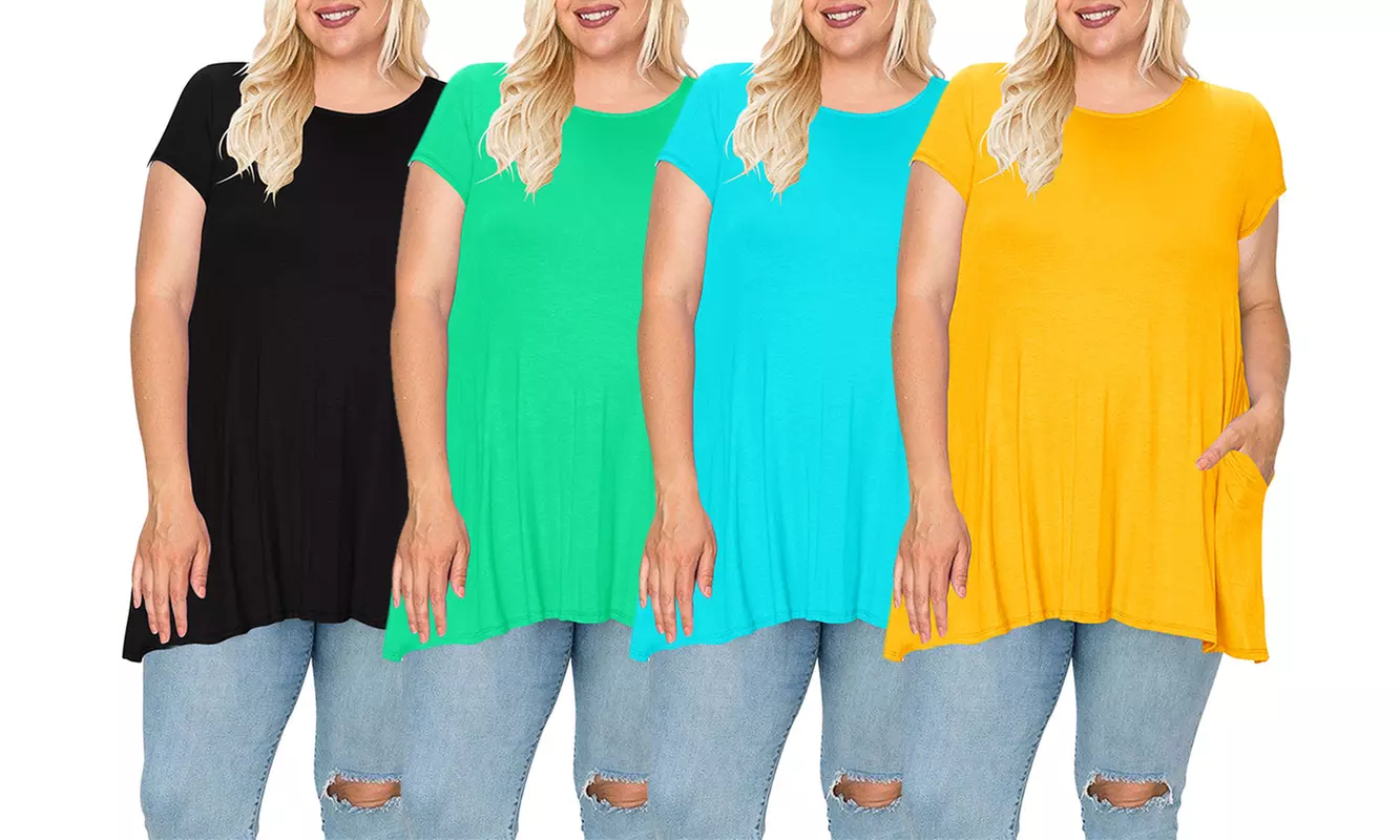 Women's Plus Size Casual Short Sleeve Loose Solid Tunic Top - Primary Image
