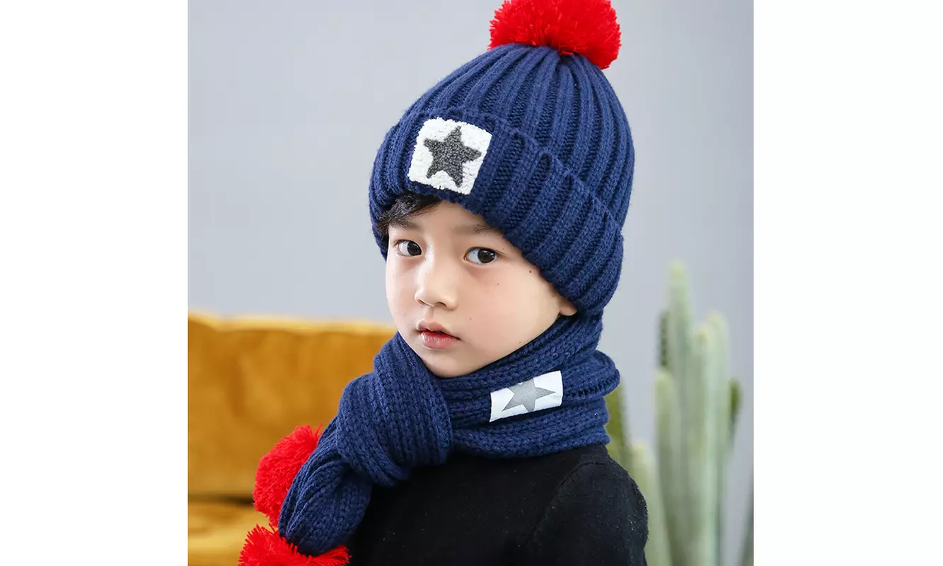 Hat Beanie Scarf Set 2pcs Child Kids Winter Knitted Pom Pom Cap Scarves Set - Primary Image
