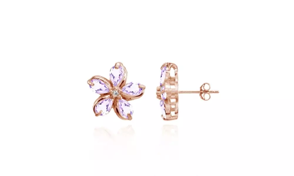 Polished Flower Amethyst Stud Earrings in Rose Gold Tone over Silver