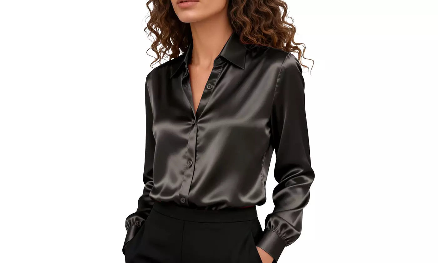 Women's Satin Button-Down Shirt Wrinkle-Free Soft Long Sleeve Blouse