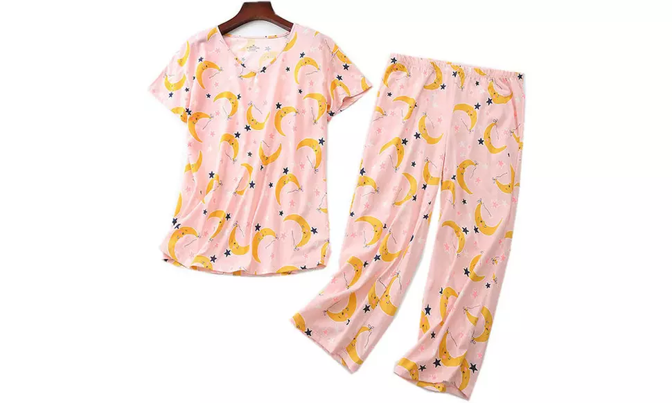Women Summer Fun Prints Pajama Set Tops Capri Pants Casual Sleepwear