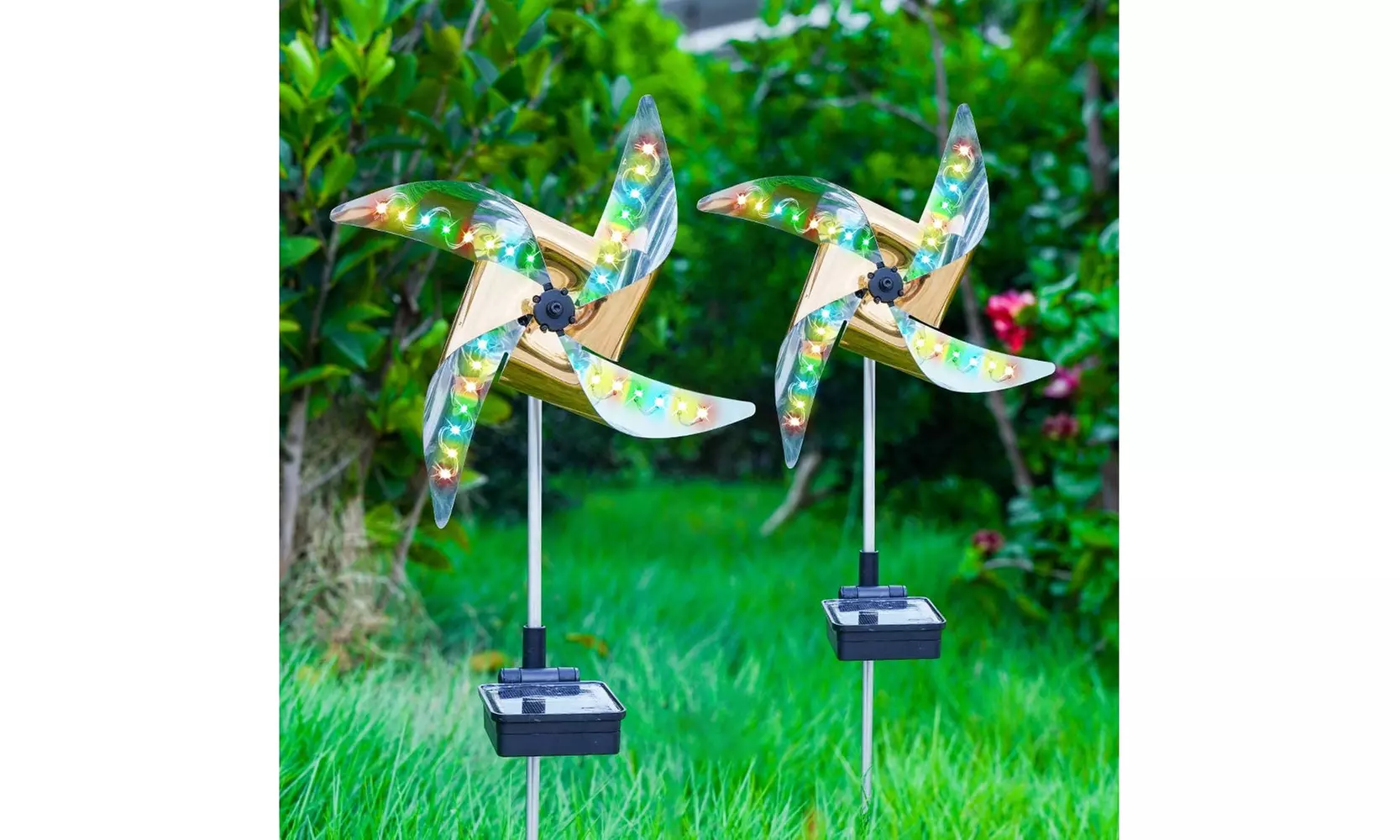 2PCS Solar Garden Wind Spinner Stakes Lights Color Changing Pinwheels Yard Decor - Primary Image