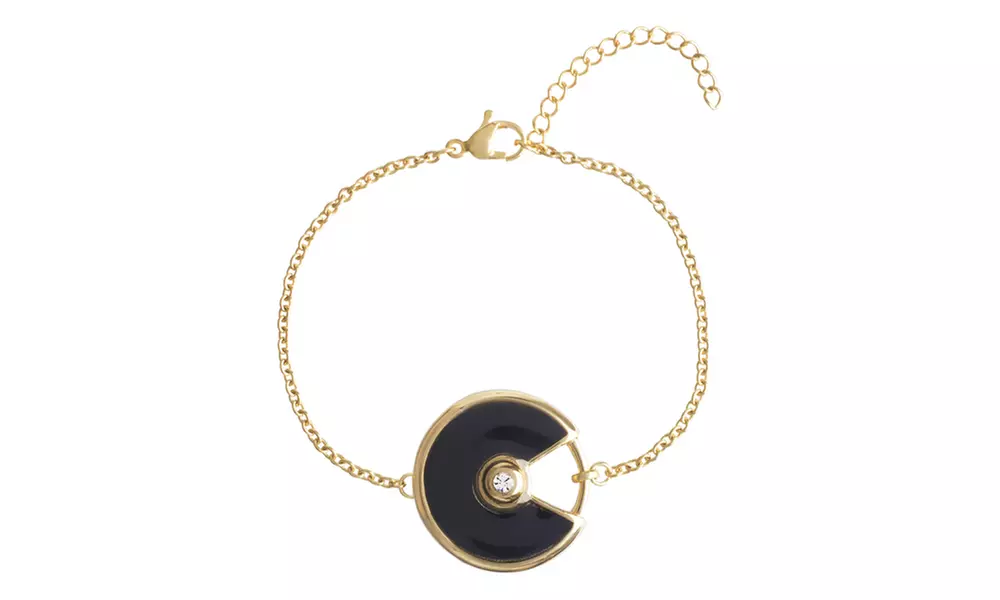 Gold-Tone Stainless Steel CZ Black Enamel Round Charm 6" Cable Chain Bracelet - Second Medium
