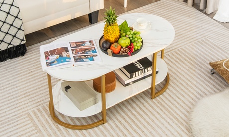 Costway White Marble Coffee Table Modern 2-Tier Center Table Open Storage Shelf White & Gold