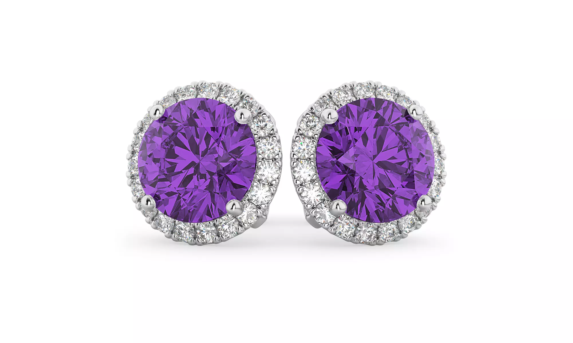 14k White Gold Plated 4 Ct Round Amethyst Halo Stud Earrings - Primary Image