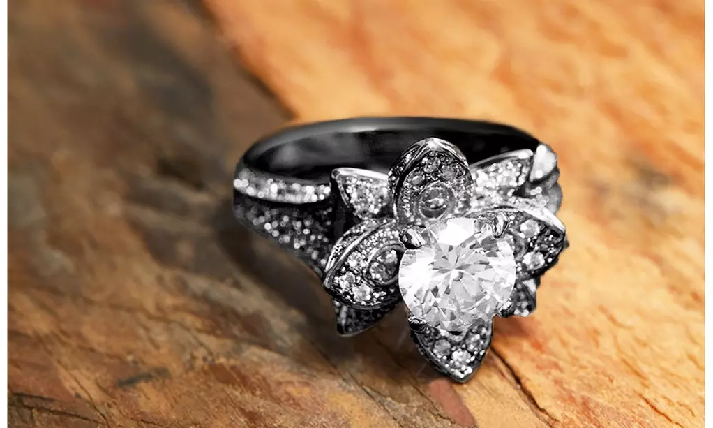Black Rhodium Crystal Flower Ring Made With Crystals From Swarovski  - Primary Image