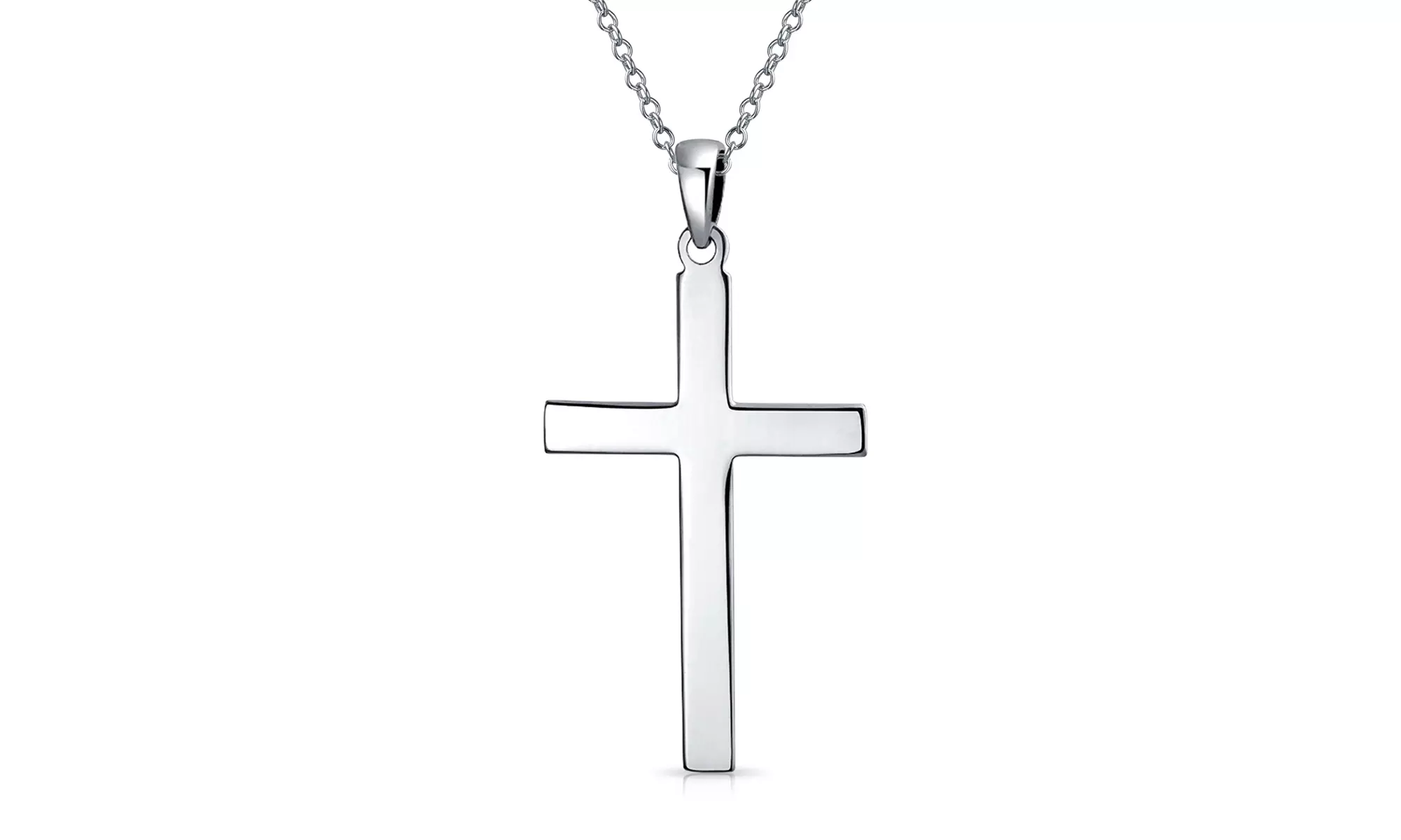 Large men's Cross Flat Religious Pendant Necklace .925Sterling Silver - Primary Image