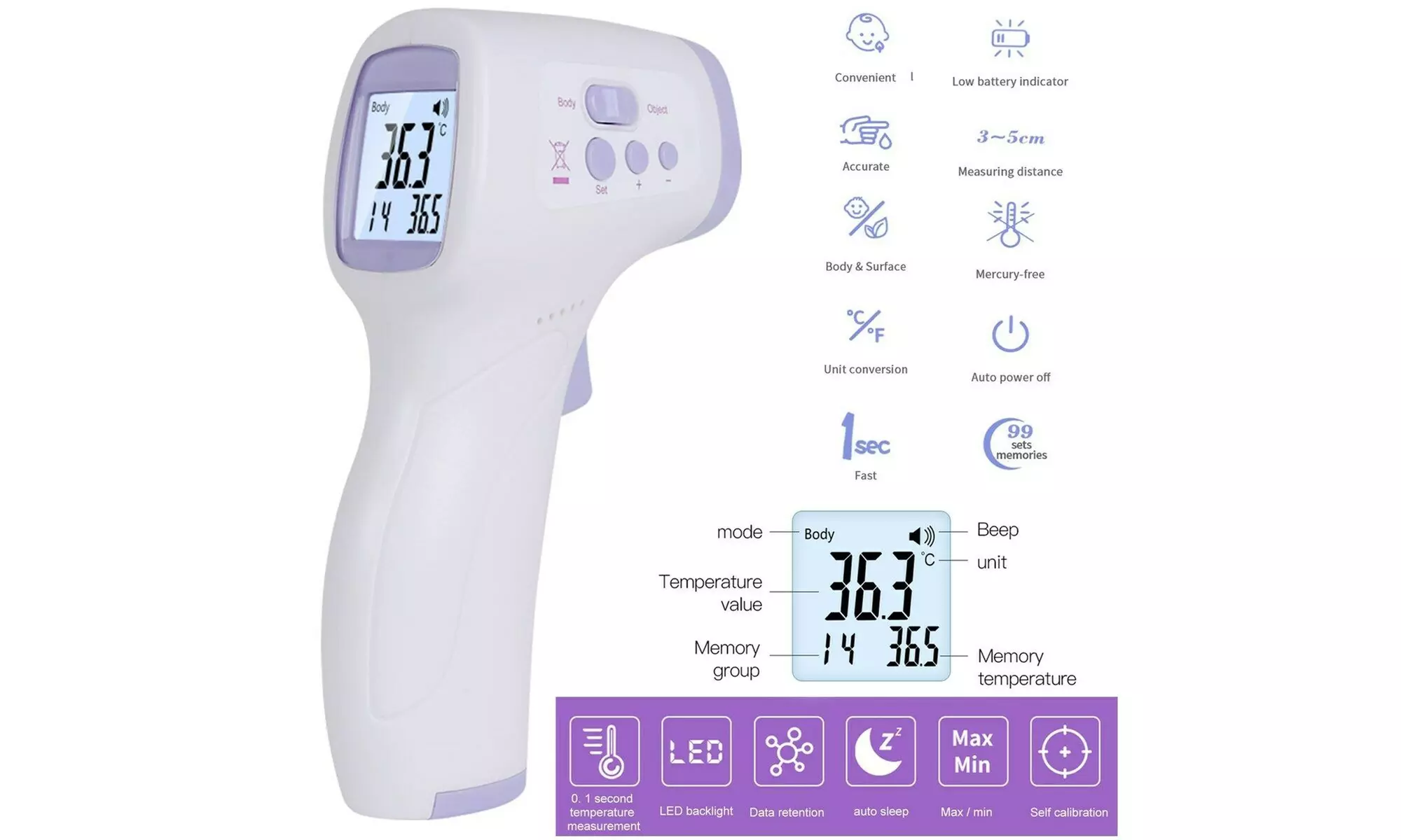 Digital Thermometer Non-Contact Medical Body Forehead IR Infrared Laser US Adult - Primary Image