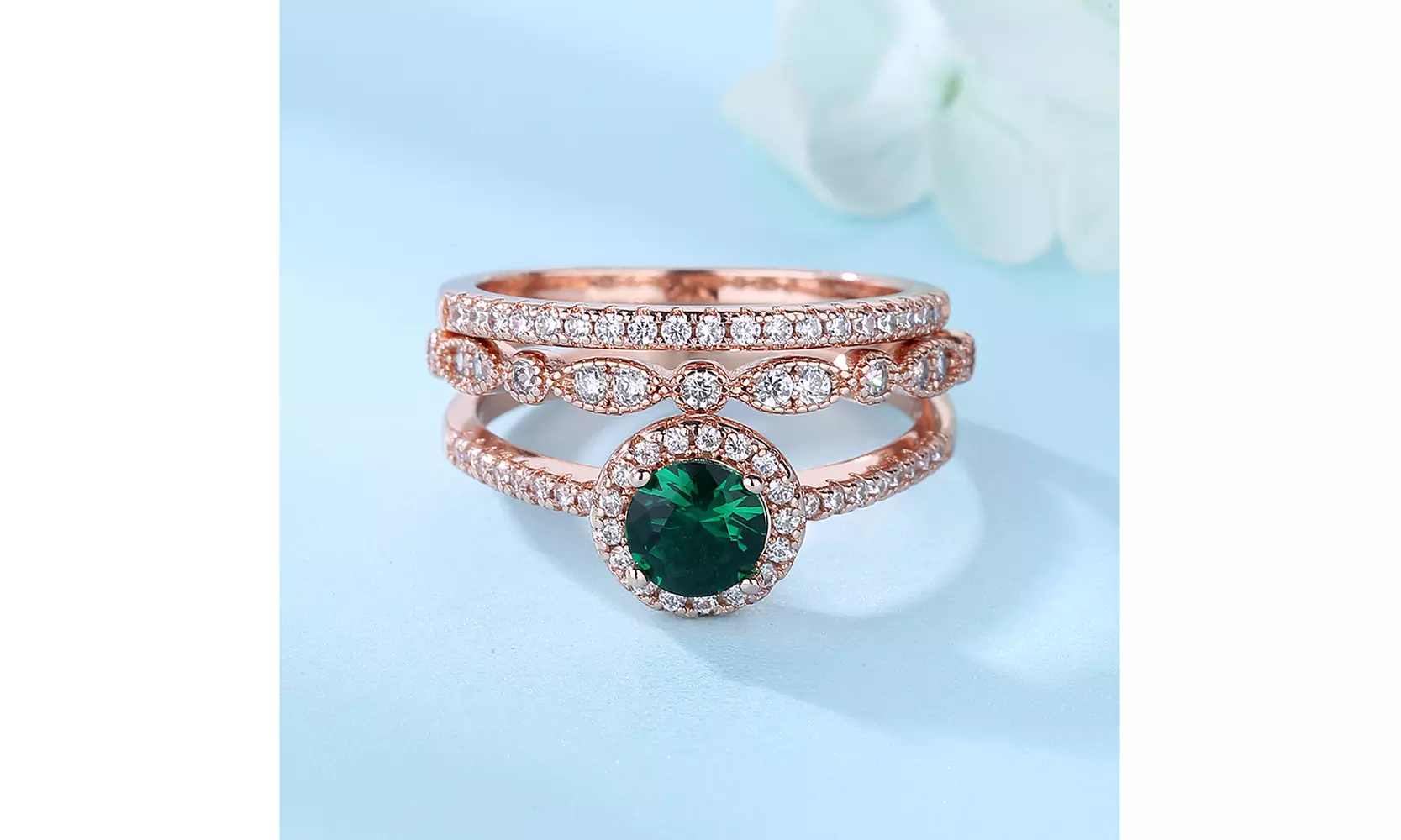 14k Rose Gold 3 Pair Stackable Ring with Genuine Crystals - Primary Image