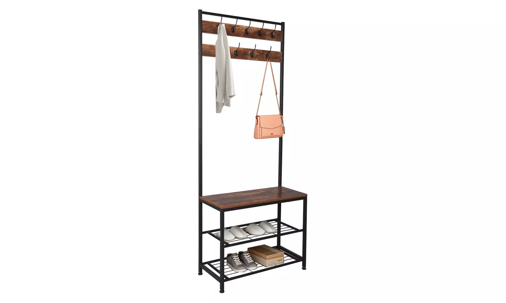 Industrial Coat Rack,Hall Tree Entryway Shoe Bench with Metal Frame - Primary Image