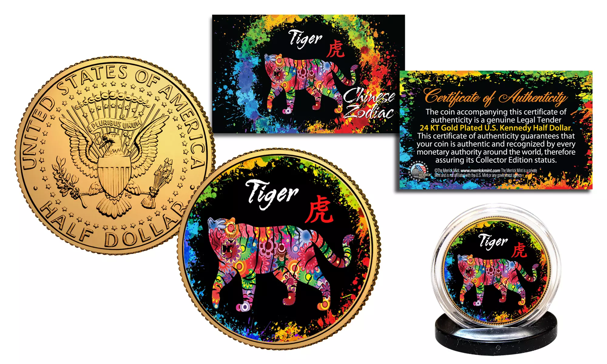 Chinese Zodiac PolyChrome Genuine JFK Half Dollar 24K Gold Plated Coin - TIGER