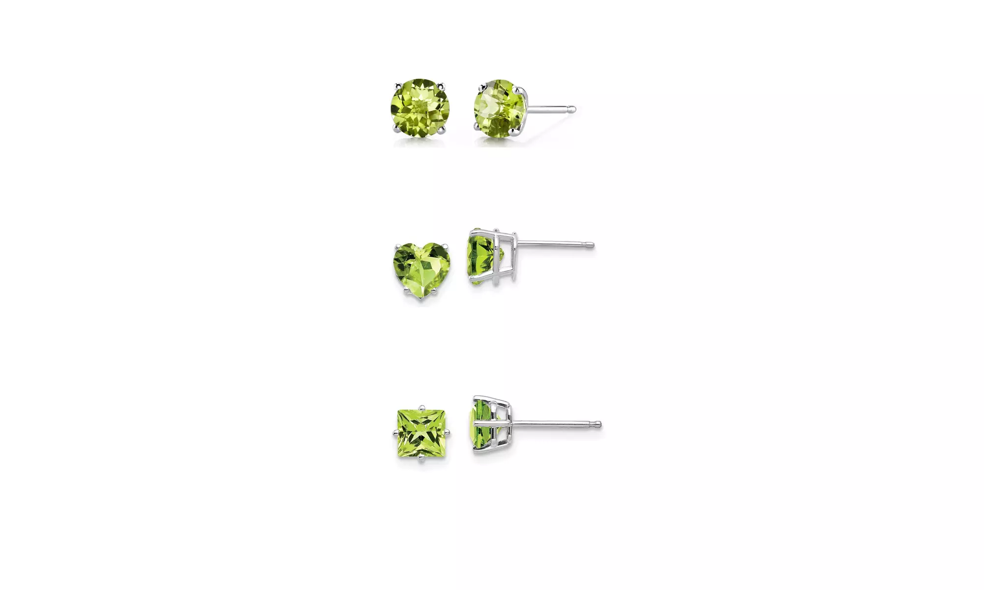18k White Gold 4Ct Peridot 3 Pair Round, Square & Heart Stud Earrings Plated - Primary Image