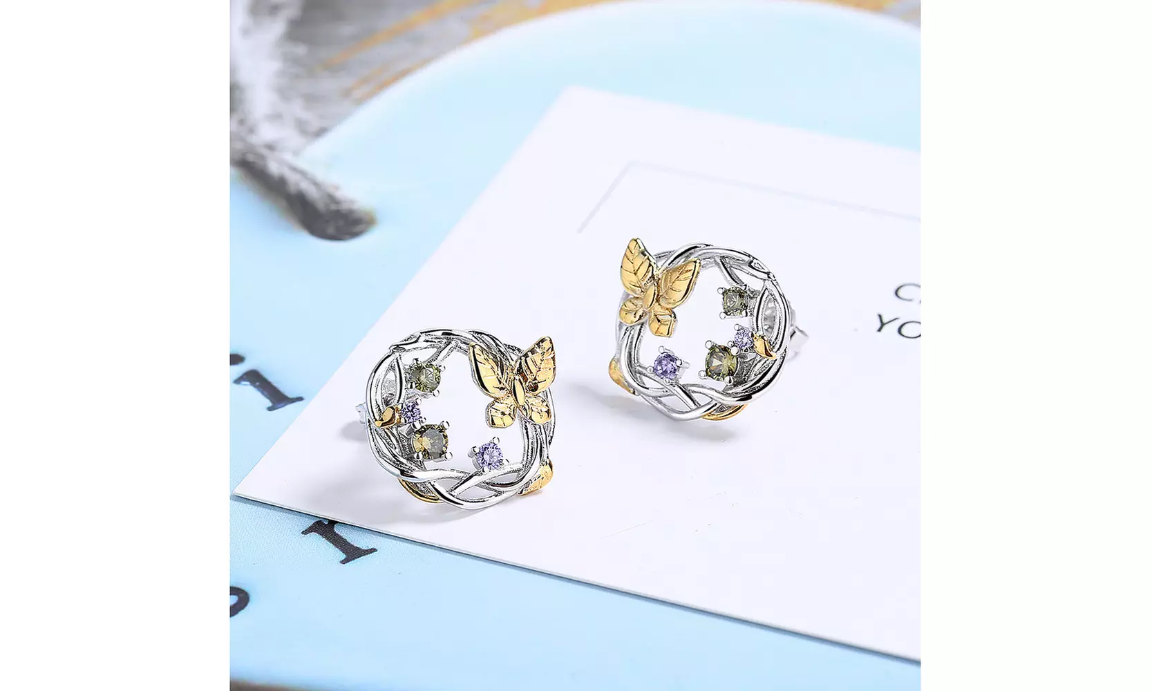 14K Gold Two-Tone Floral and Gemstone Earrings
