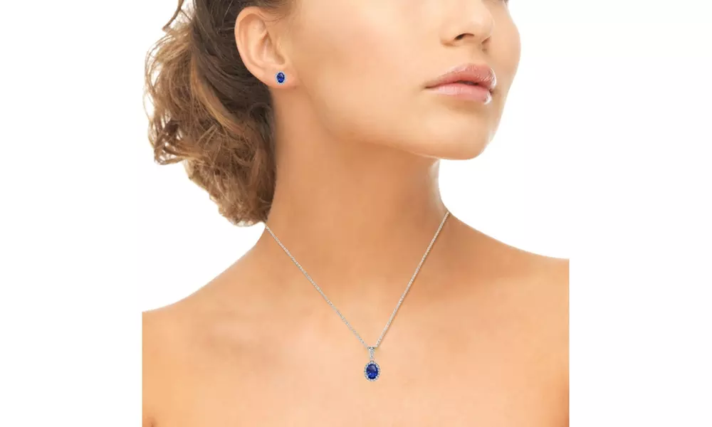 Blue Sapphire & White Topaz Oval Halo Necklace & Earrings Set in Sterling Silver - Second Medium