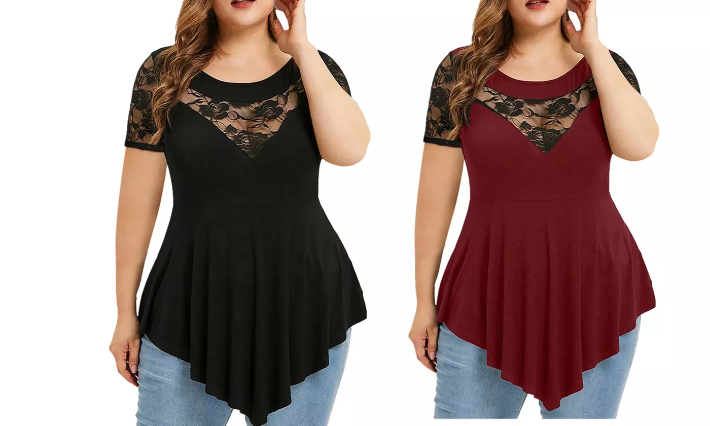 Women's Plus Size Lace Shirt Asymmetrical Blouse Short Sleeve Swing TunicTops - Primary Image