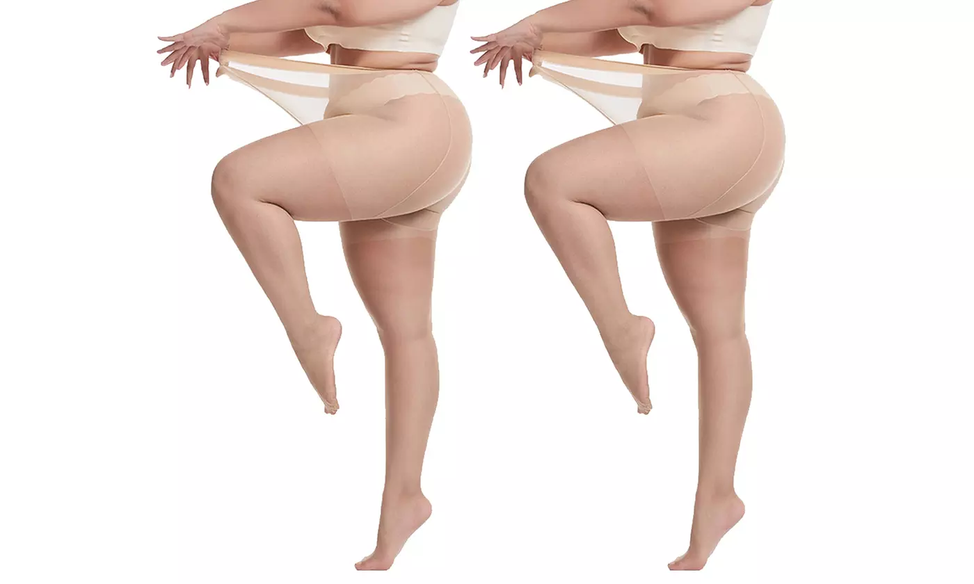 2 Pairs Women' Plus Size Pantyhose High Waist Sheer Queen Tights Control Top