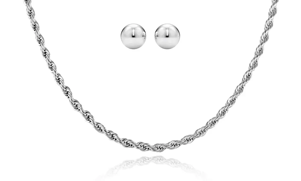 Solid Sterling Silver Diamond Cut Rope Chain & Ball Stud Earrings With Gift Box