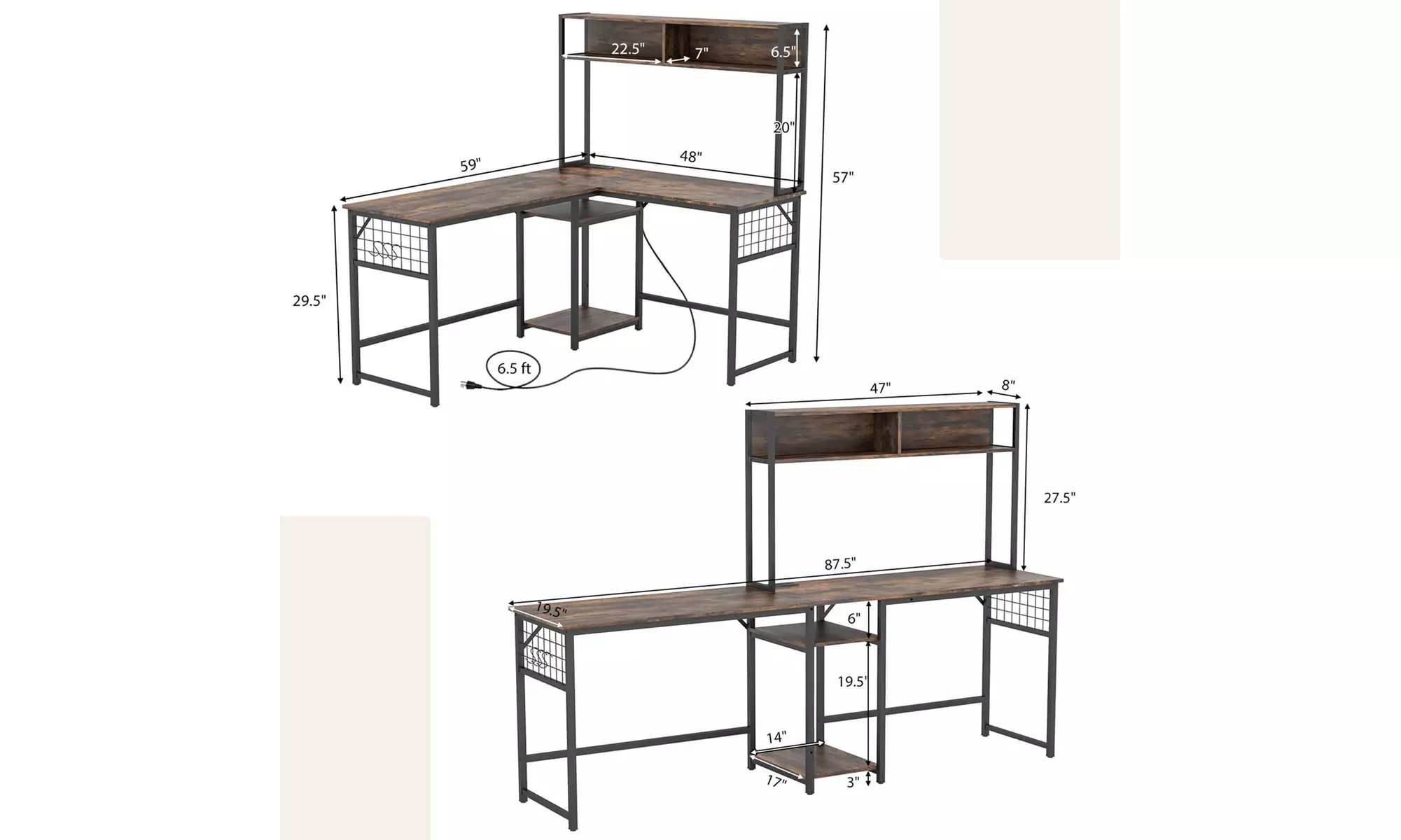 L-shaped Desk with Power Outlet Large Corner Desk Converts to 2-Person Long Desk