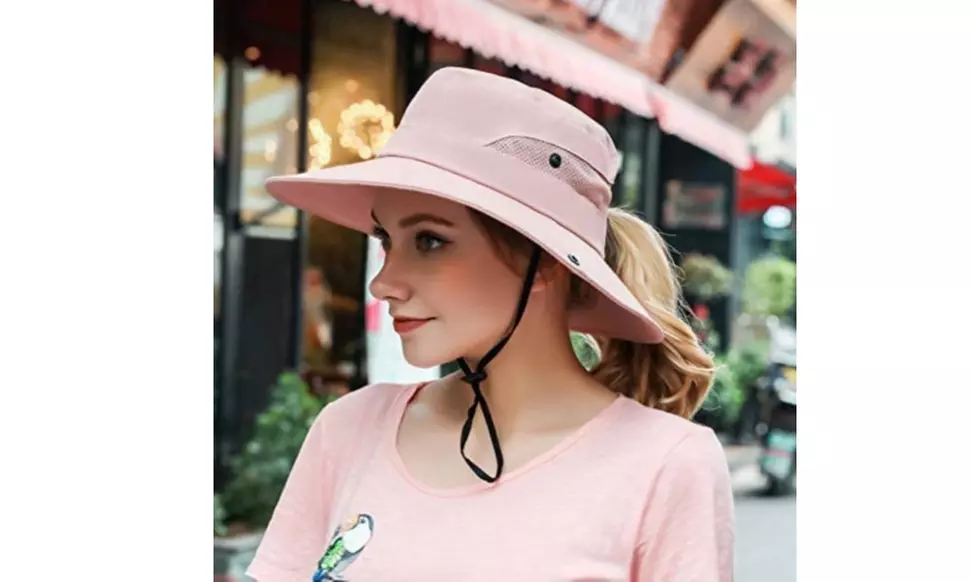 Womens UV Protection Wide Brim Ponytail Cap Travel Outdoor Fishing Hat
