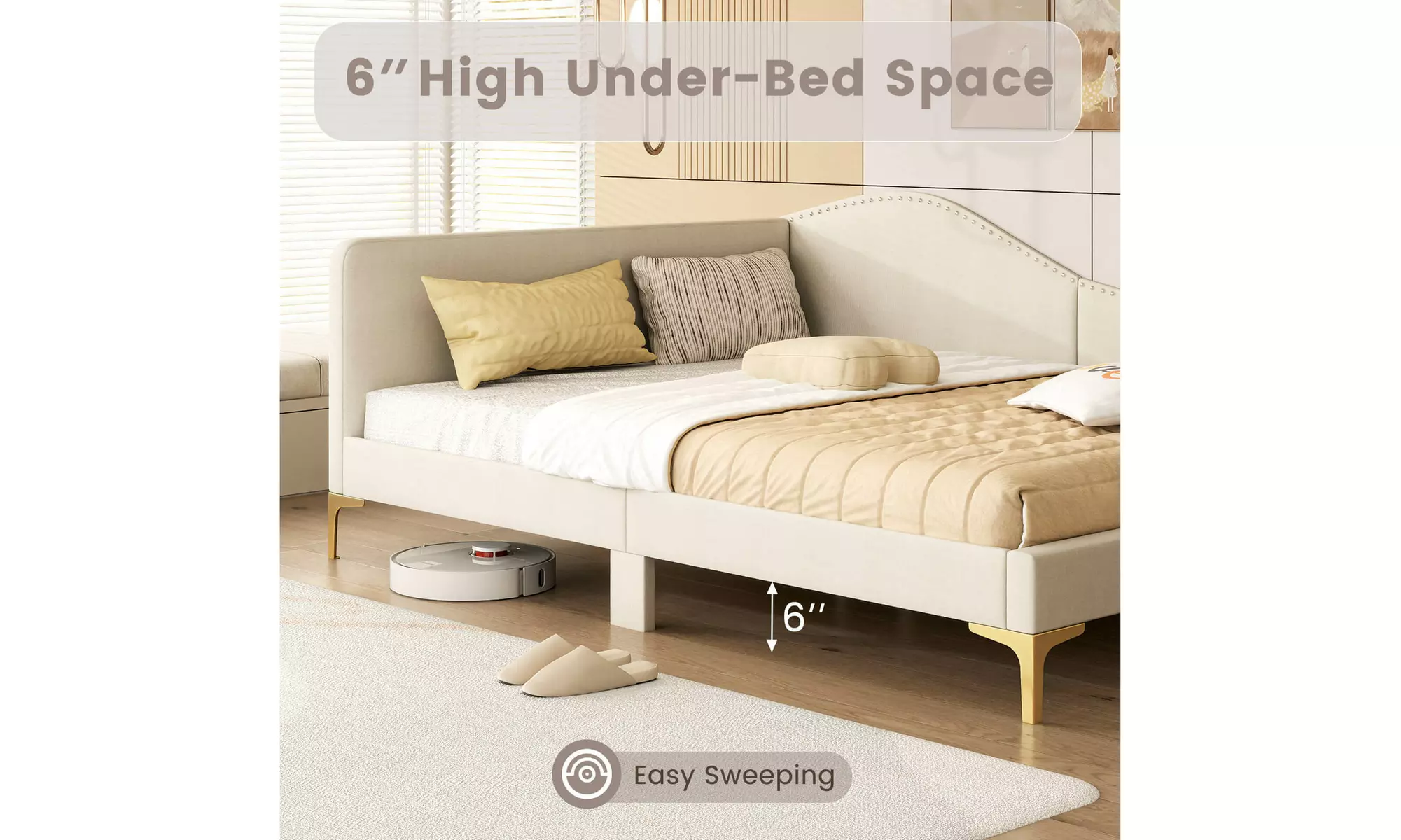 Costway Twin/Full Upholstered Daybed Rivet-Tufted Platform Bed with Metal Legs