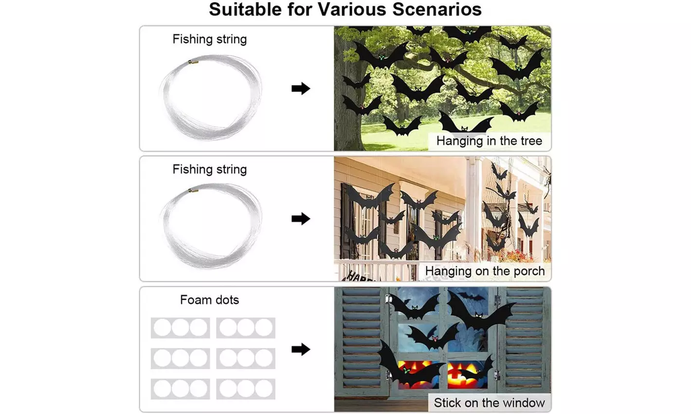 18PCS Hanging Flying Bats with Glowing Eyes Halloween Outdoor Yard Decoration