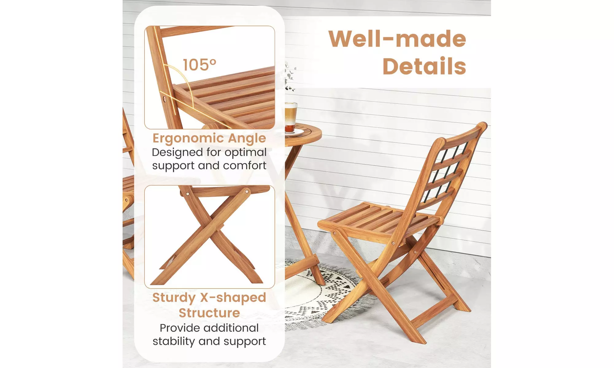 Costway 3 PCS Acacia Wood Patio Bistro Set Folding Outdoor Table and Chairs