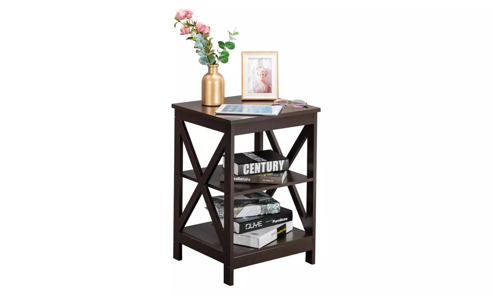 Modern Wood Sofa Side End Table, Double Cross Industrial Nightstand  - Second Medium