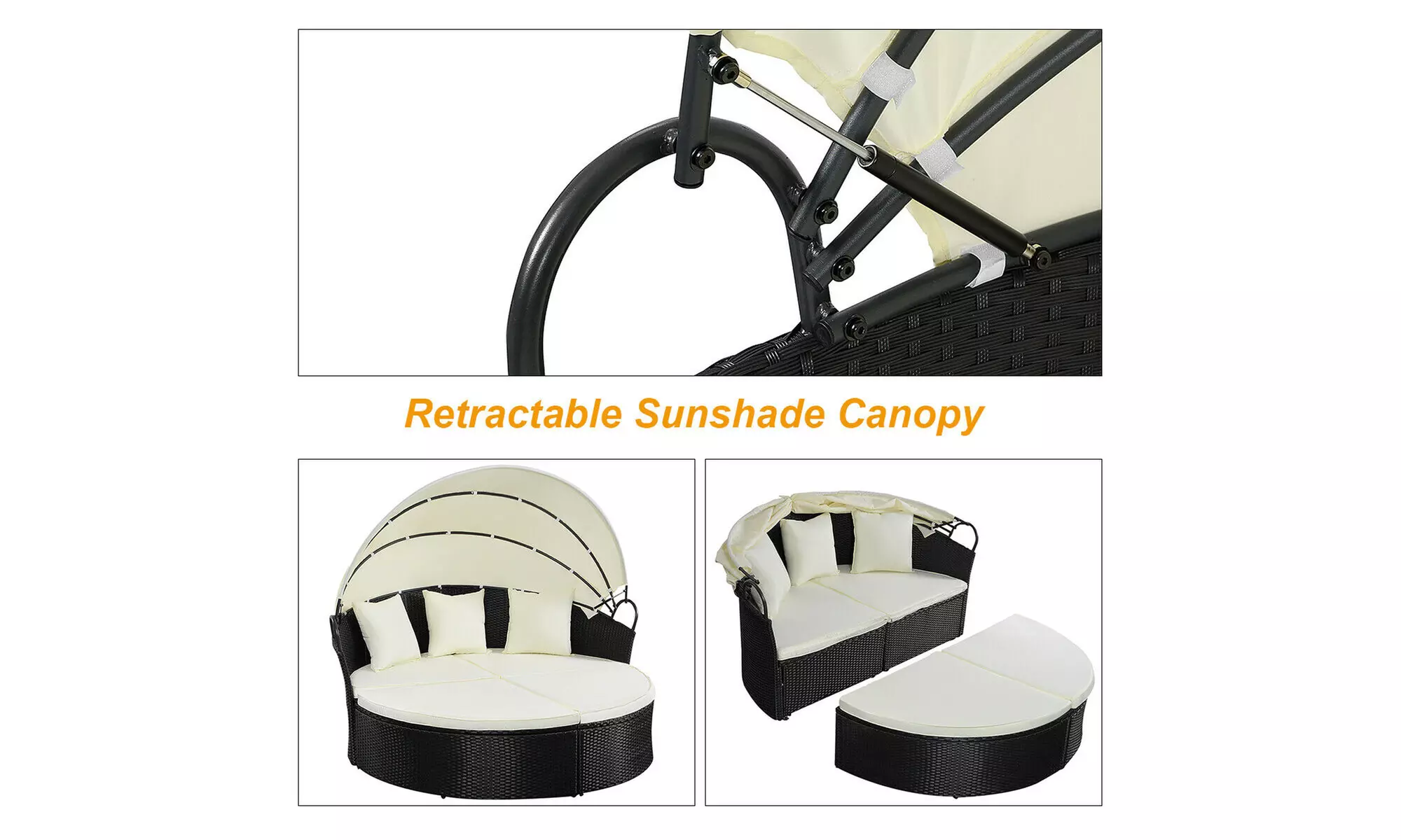 Costway Outdoor Round Sofa Daybed-Black,Retractable Canopy,Patio Furniture