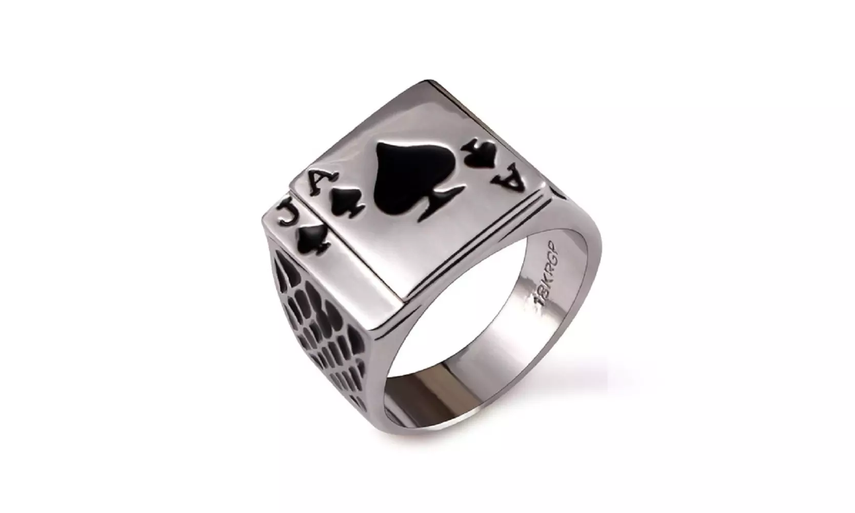 Men's 18K White Gold Plated Black Enamel Spades Poker Ring - Primary Image