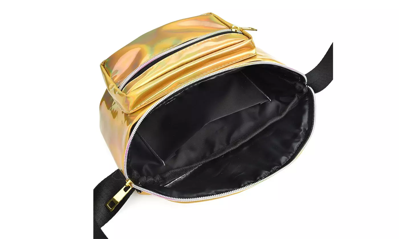 Women Holographic Fanny Pack Iridescent Shiny Waist Bag For Travel Festival Rave