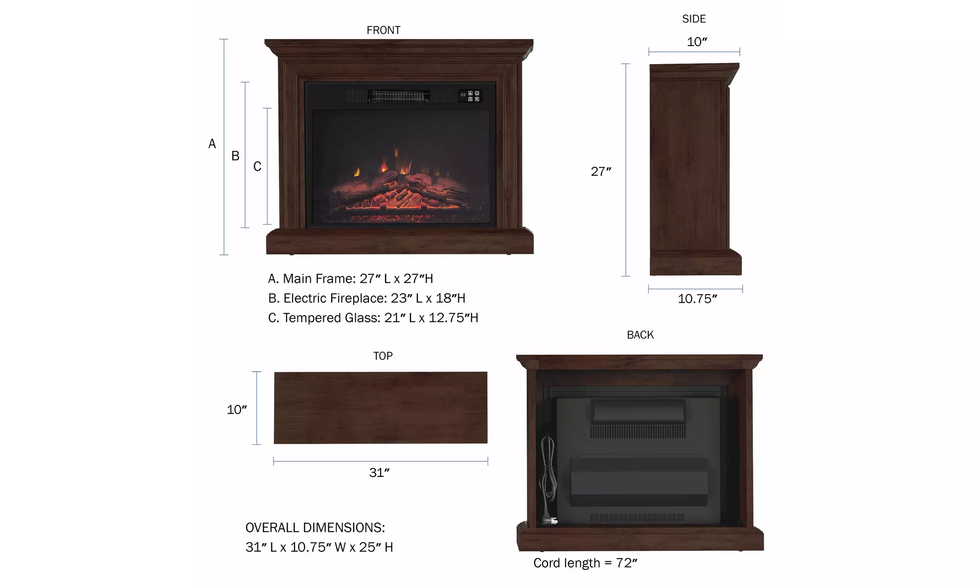 Mobile Electric Fireplace Heater w/ Wheels, Remote Control, LED Flames, & Logs - Second Medium