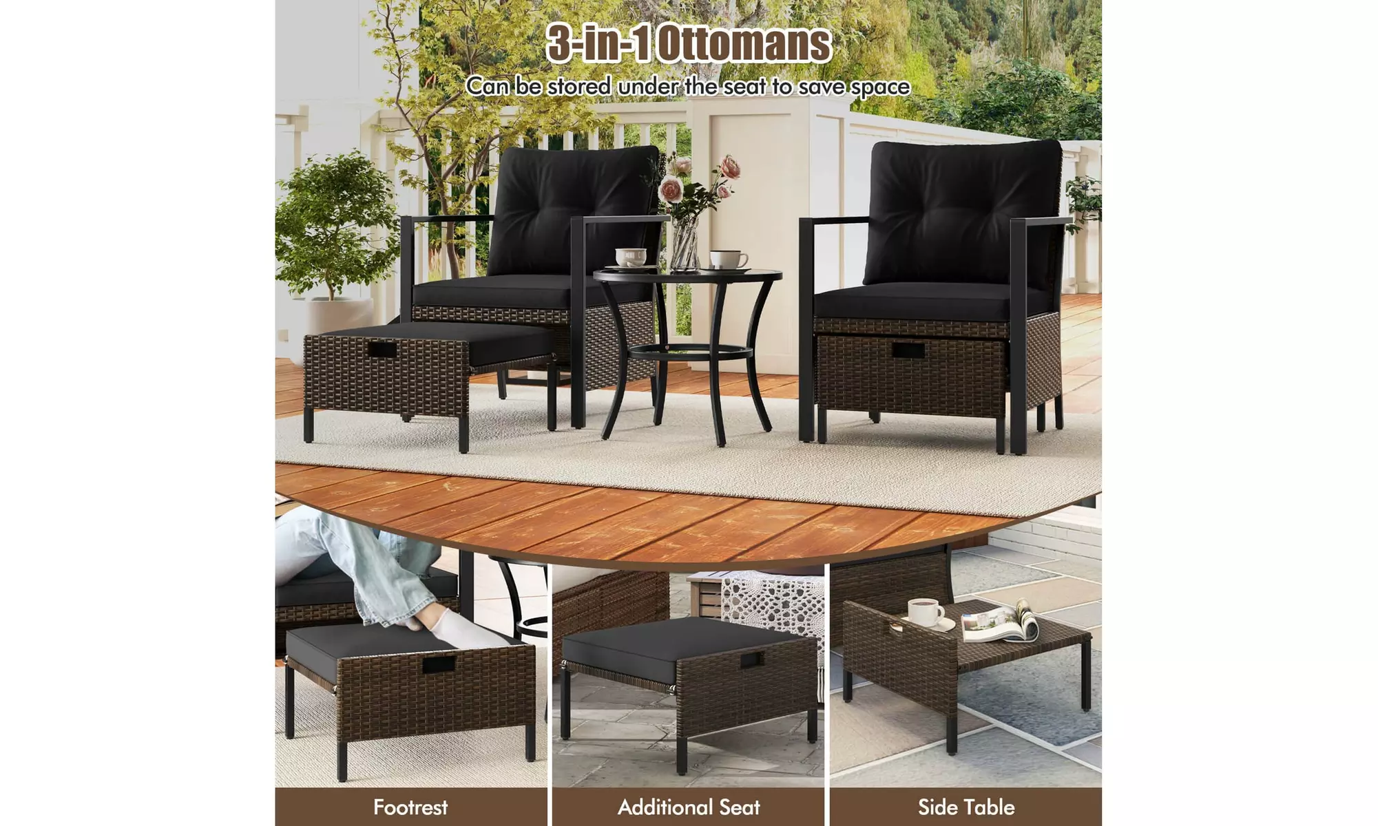 Costway 5 PCS Outdoor Furniture Set Rattan Chairs & Ottomans with Coffee Table