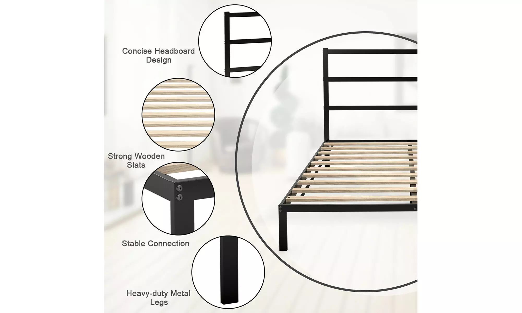 Queen Size Metal Bed Platform Frame Heavy Duty Mattress Foundation w/Headboard - Second Medium