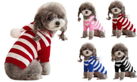 Pet Dog Striped Knitted Turtleneck Pullover Hoodie Sweater Jumper With Hat S Pink