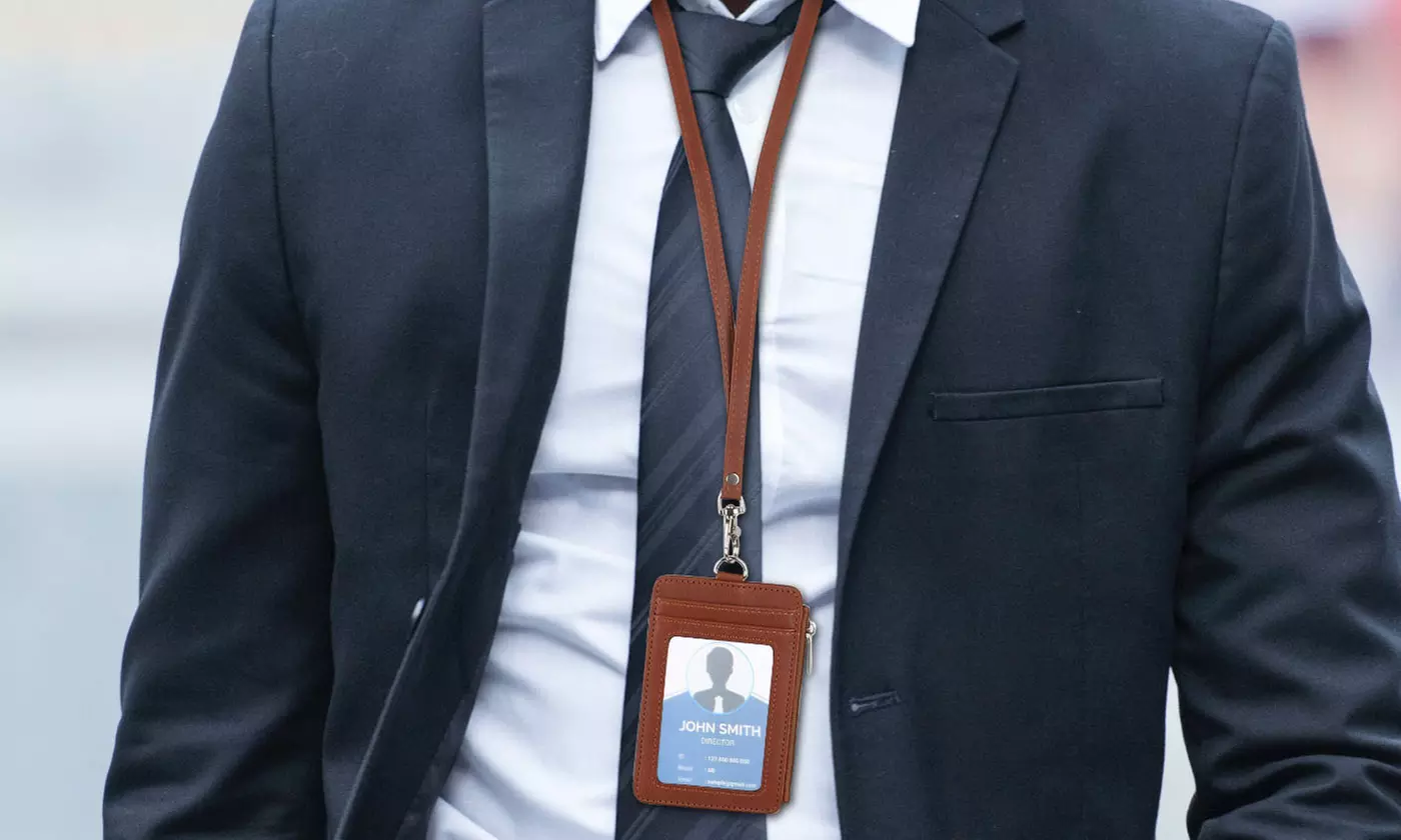 PU Leather Detachable Neck Lanyard ID Badge and Card Holder
