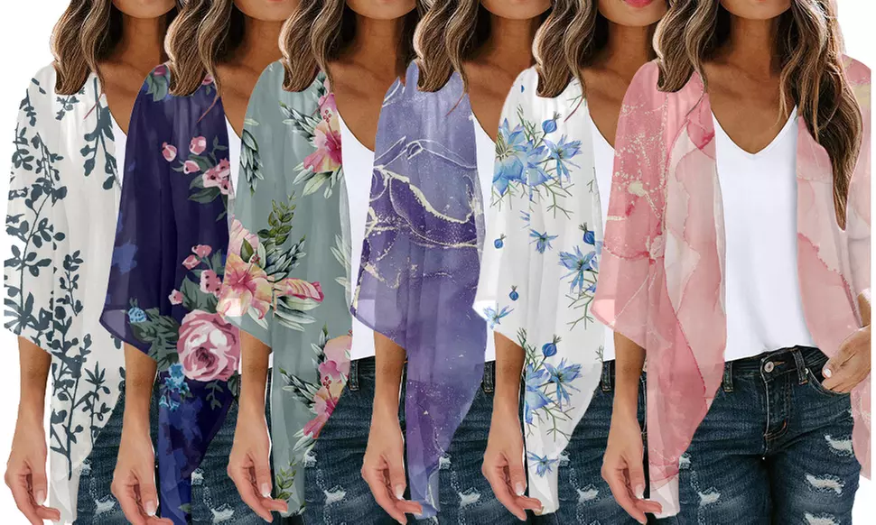 Chiffon Floral Print 3/4 Sleeve Kimono Cardigan Cover Up Casual Blouse Tops - Primary Image